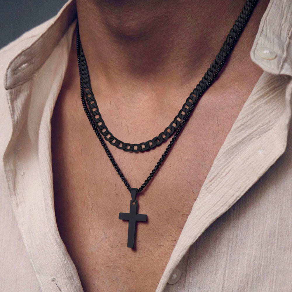 Gift for Men Cuban Chain & Cross Pendant Layered Necklace Set Birthday Gift