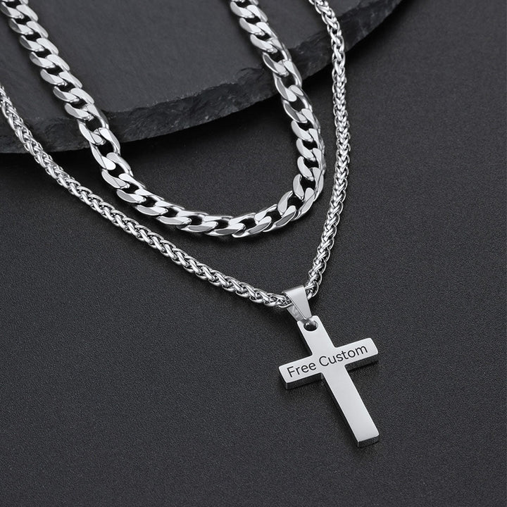 Gift for Men Cuban Chain & Cross Pendant Layered Necklace Set Birthday Gift