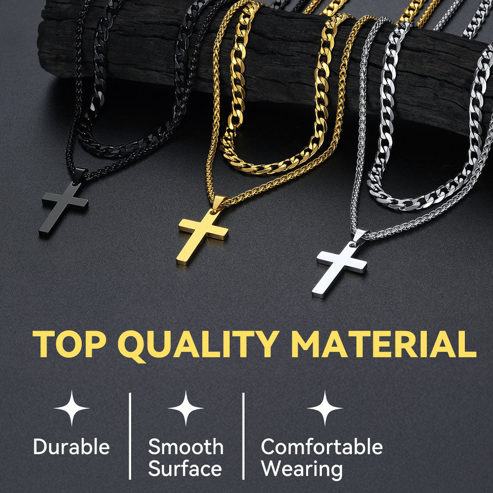 Gift for Men Cuban Chain & Cross Pendant Layered Necklace Set Birthday Gift