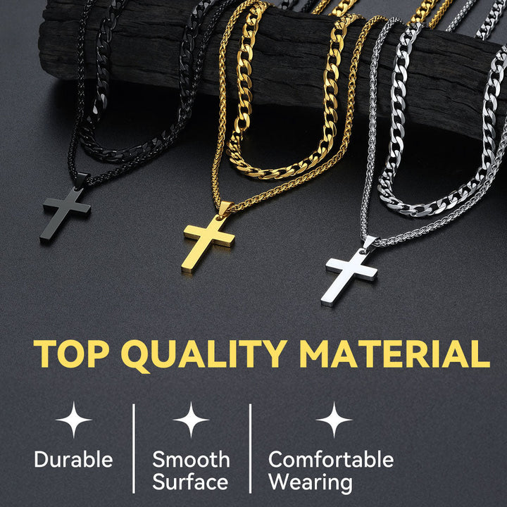Gift for Men Cuban Chain & Cross Pendant Layered Necklace Set Birthday Gift