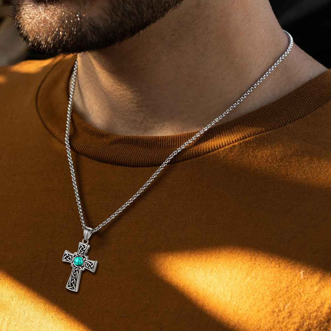 Turquoise Celtic Cross Pendant Necklace For Men
