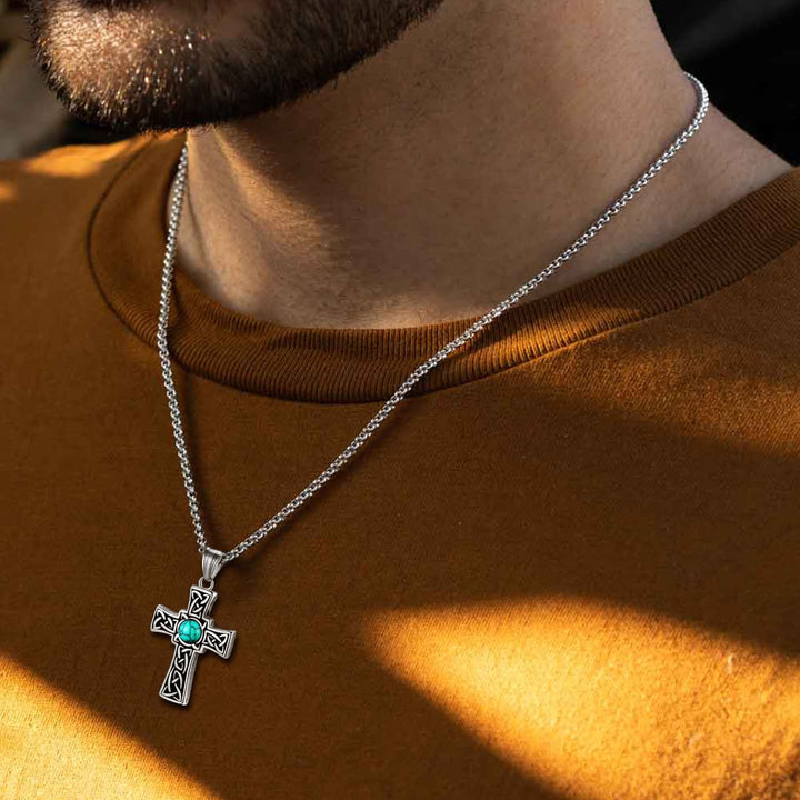 Turquoise Celtic Cross Pendant Necklace For Men