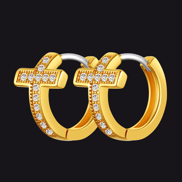 Cubic Zirconia Cross Hoop Earrings For Men