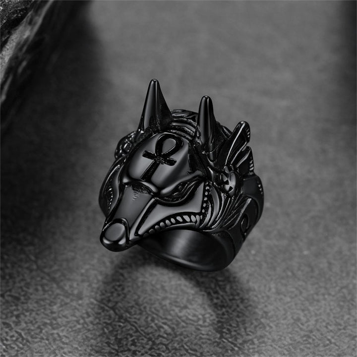 Ancient Egyptian Anubis Ring With Ankh Cross For Men