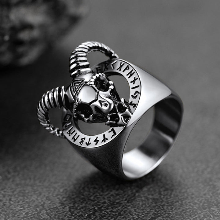 Satanic Goat Skull Ring With Viking Runes For Men