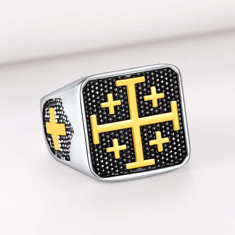 FaithHeart Jerusalem Cross Signet Ring For Men