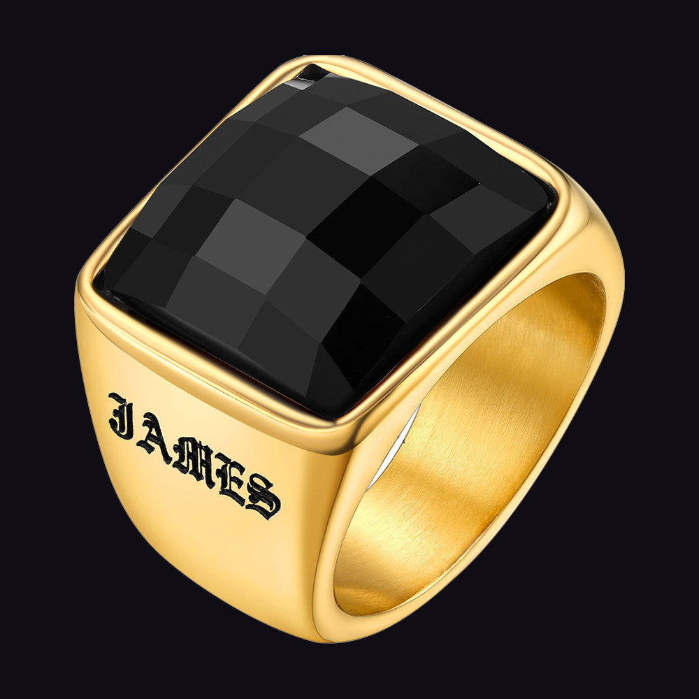 Custom Black Onyx Engraved Signet Ring for Men