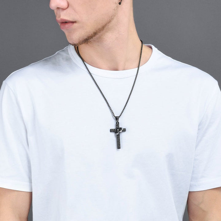Lord's Prayer Cross Necklace With Halo Ring For Men
