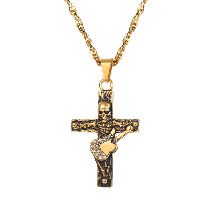 Punk Skull Guitar Cross Necklace for Men