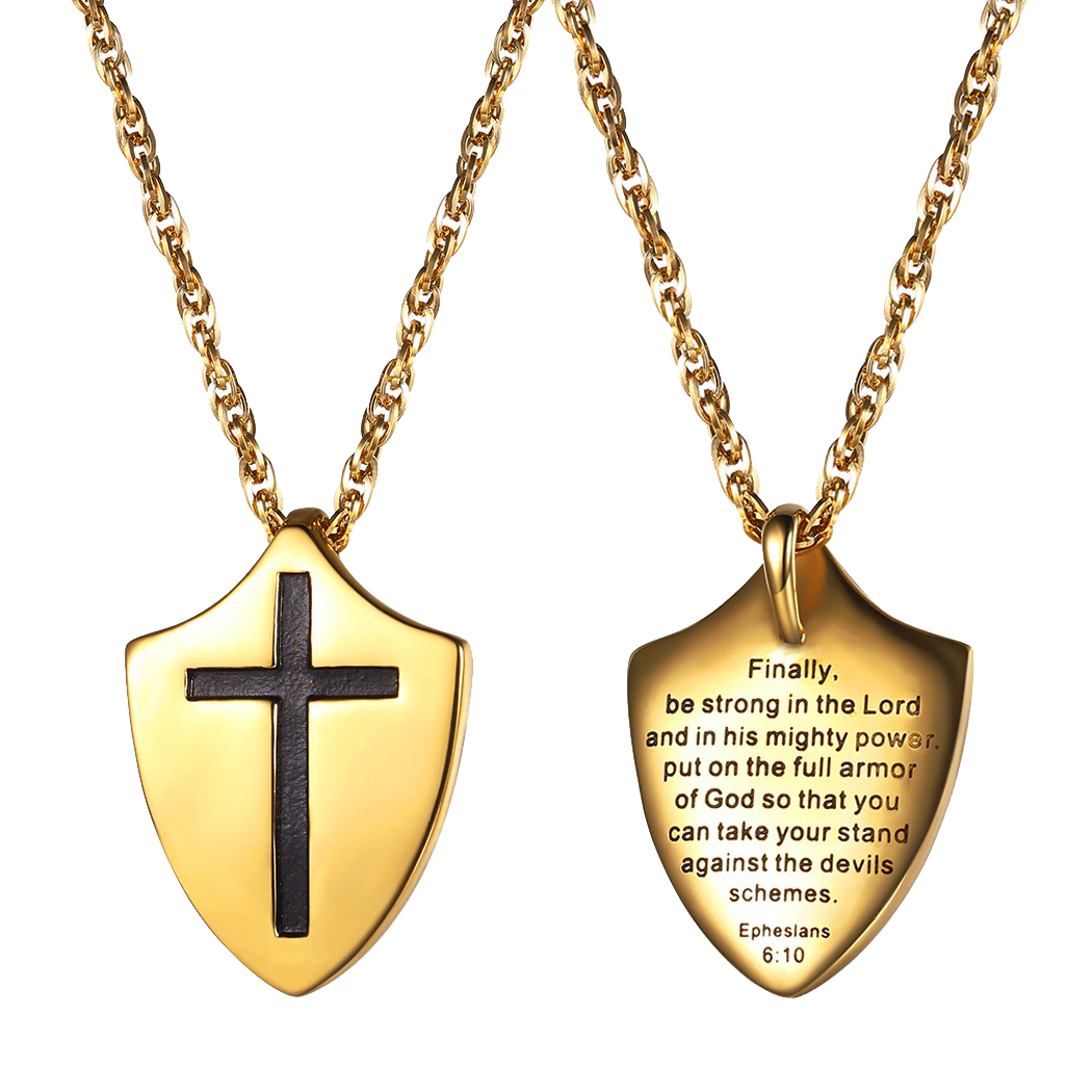Christian Cross Shield Pendant Necklace with Ephesians 6:10 for Men