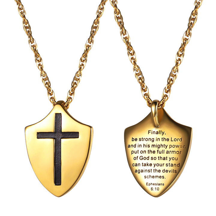 Christian Cross Shield Pendant Necklace with Ephesians 6:10 for Men