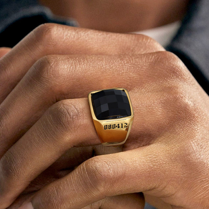 Custom Black Onyx Engraved Signet Ring for Men
