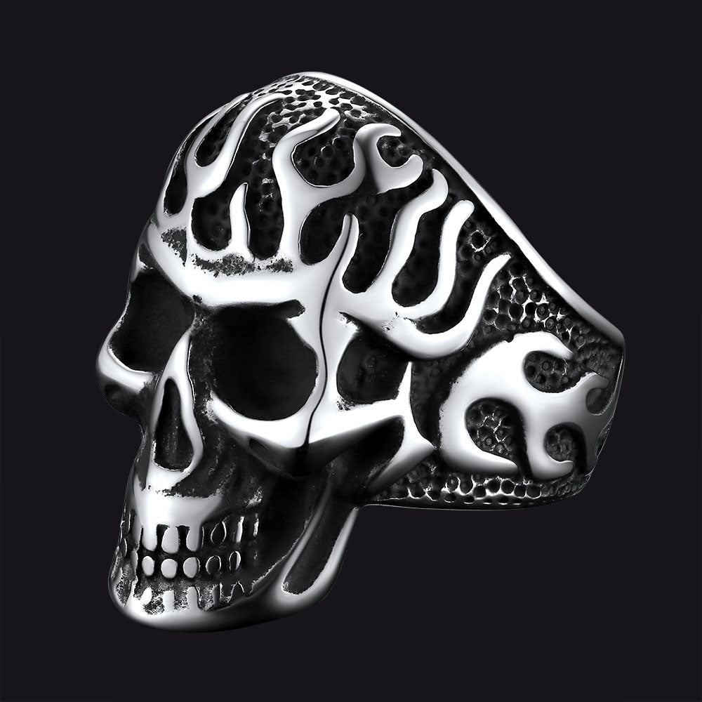 Gothic Fire Flaming Skull Stainless Steel Ring For Men