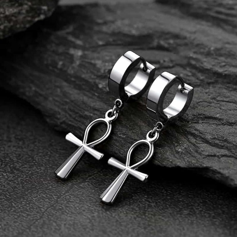 Ankh Cross Dangle Hoop Earrings for Men Women