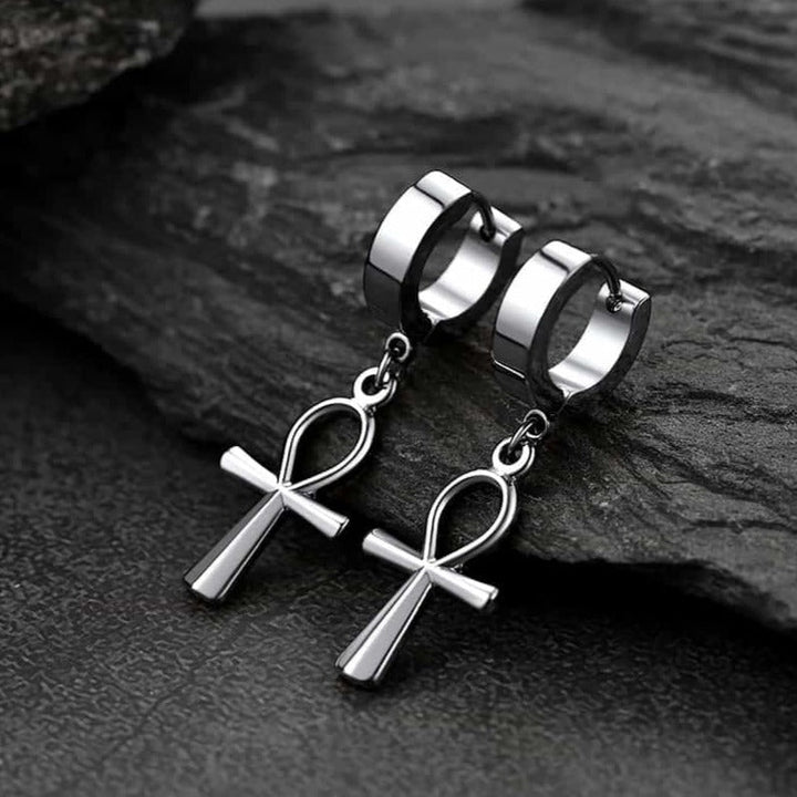 Ankh Cross Dangle Hoop Earrings for Men Women