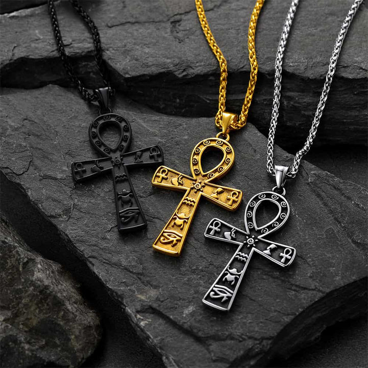 Egyptian Ankh Cross Necklace Pendant With Hieroglyphic For Men