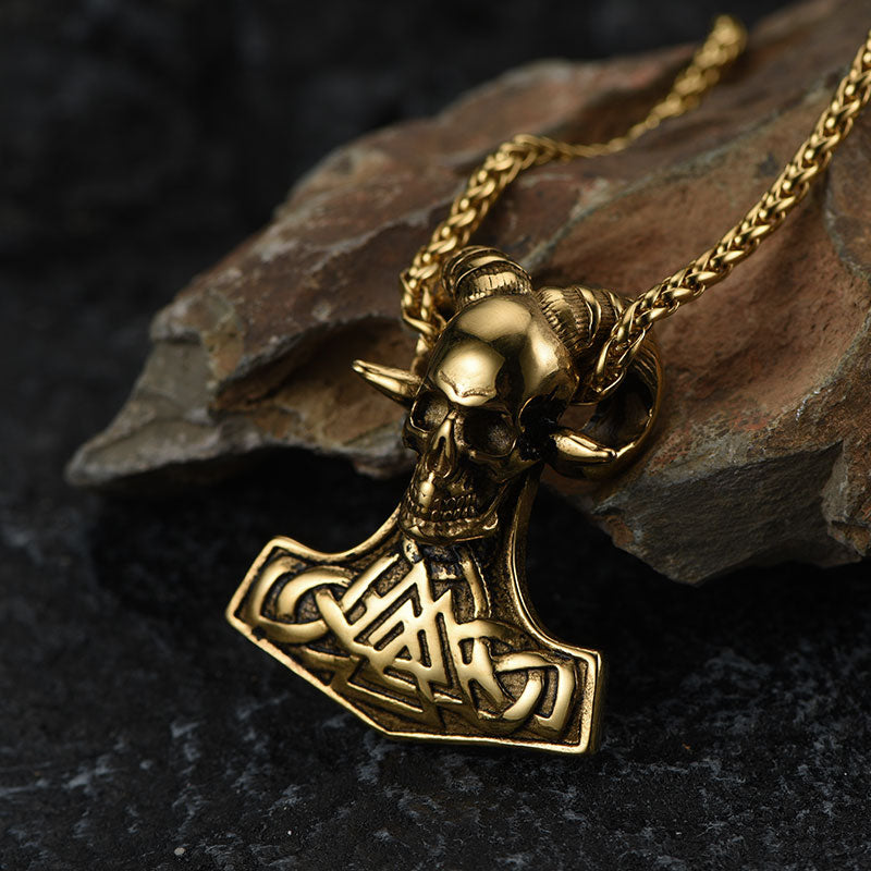 Viking Mjolnir Thor's Hammer Skull Necklace Pendant for Men