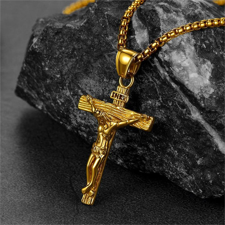 Flat Box Chain & Jesus Cross Layered Necklaces Set for Men
