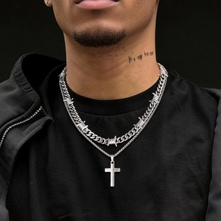 Barbed Wire Cuban Chain & Cross Layered Necklaces Set for Men Women