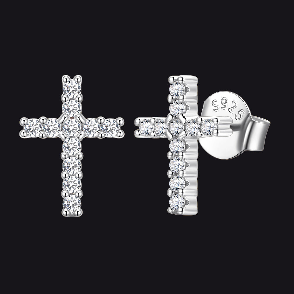 Sterling Silver Cross Stud Earrings for Men with CZ, Christian Jewelry 10mm