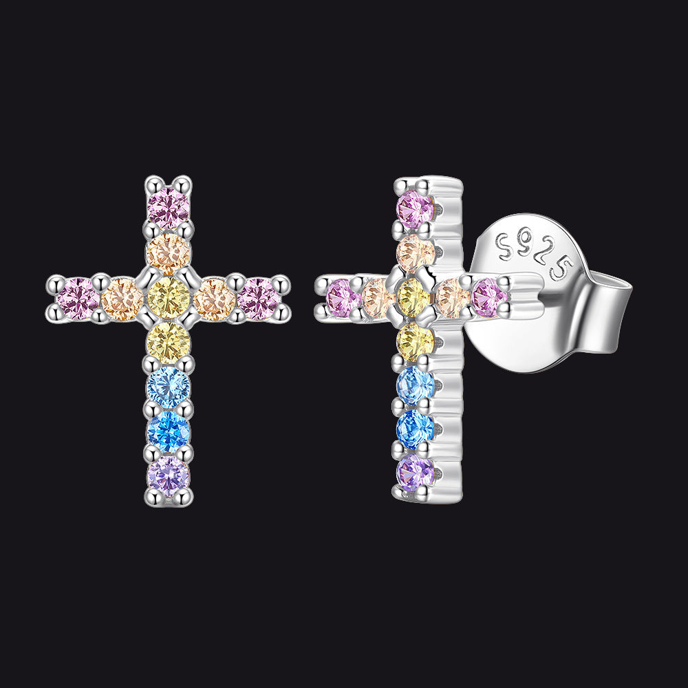 Sterling Silver Cross Stud Earrings for Men with CZ, Christian Jewelry 10mm