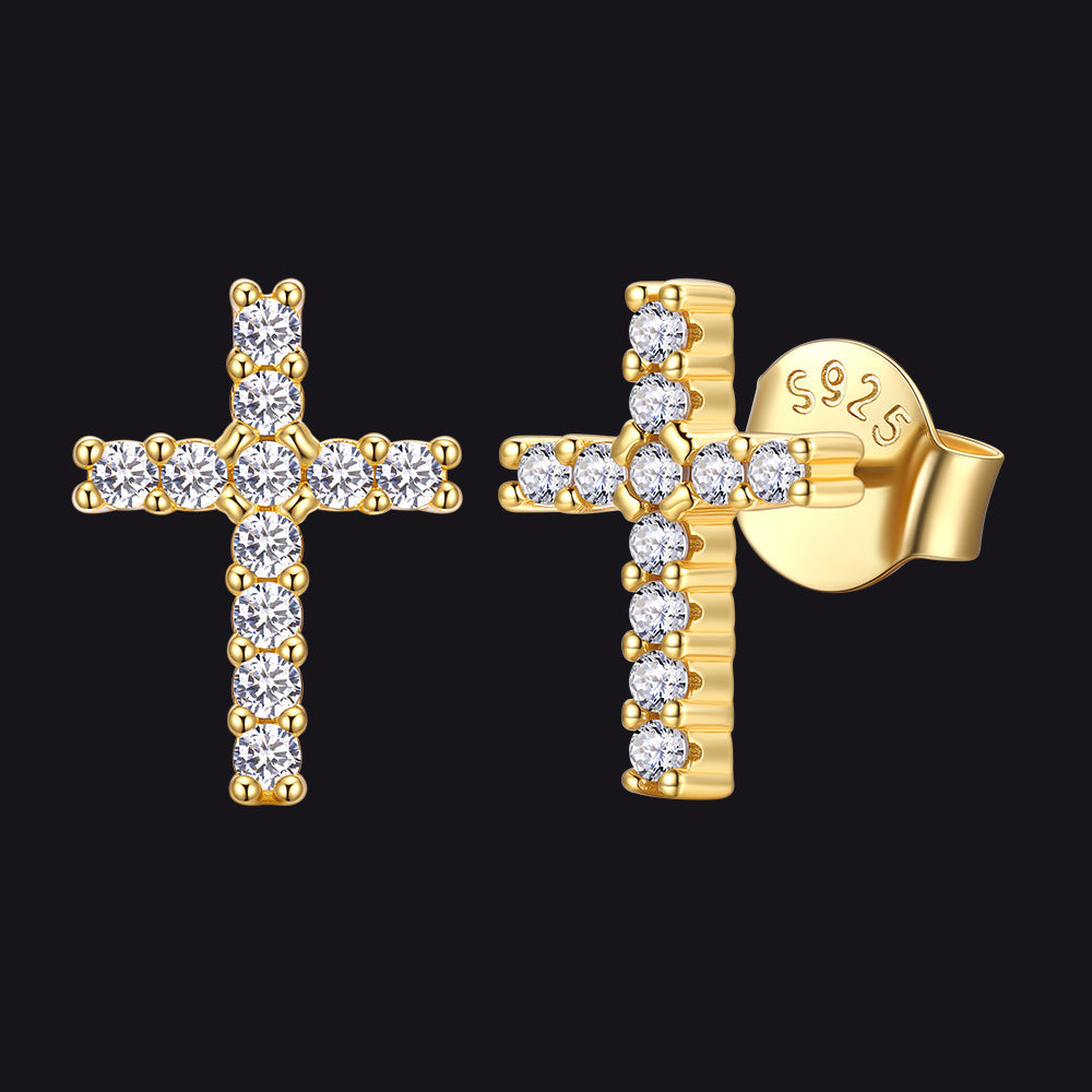 Sterling Silver Cross Stud Earrings for Men with CZ, Christian Jewelry 10mm
