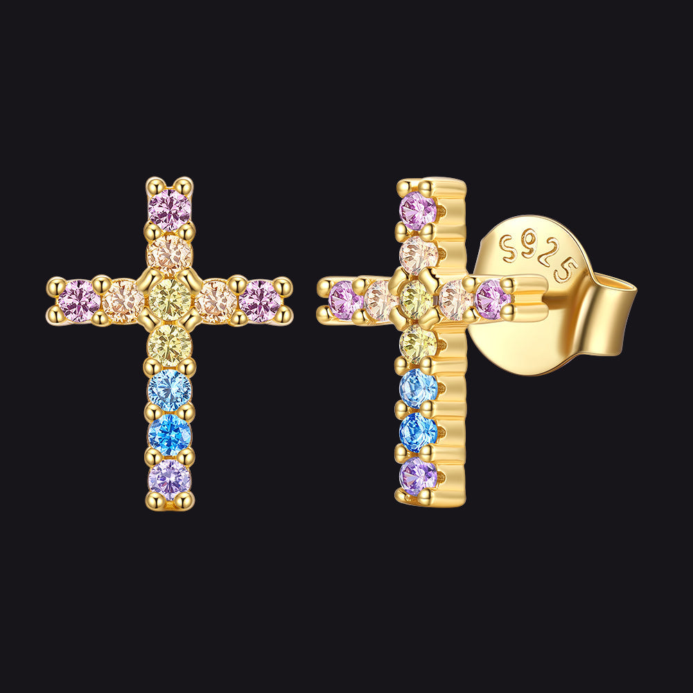 Sterling Silver Cross Stud Earrings for Men with CZ, Christian Jewelry 10mm
