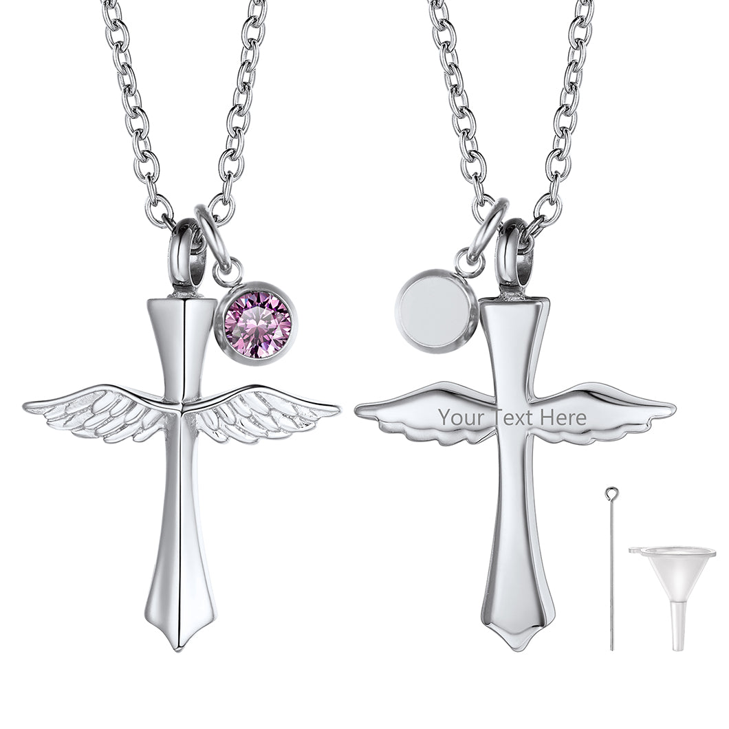 Custom Cremation Cross Wing Urn Ashes Necklace with Birthstone