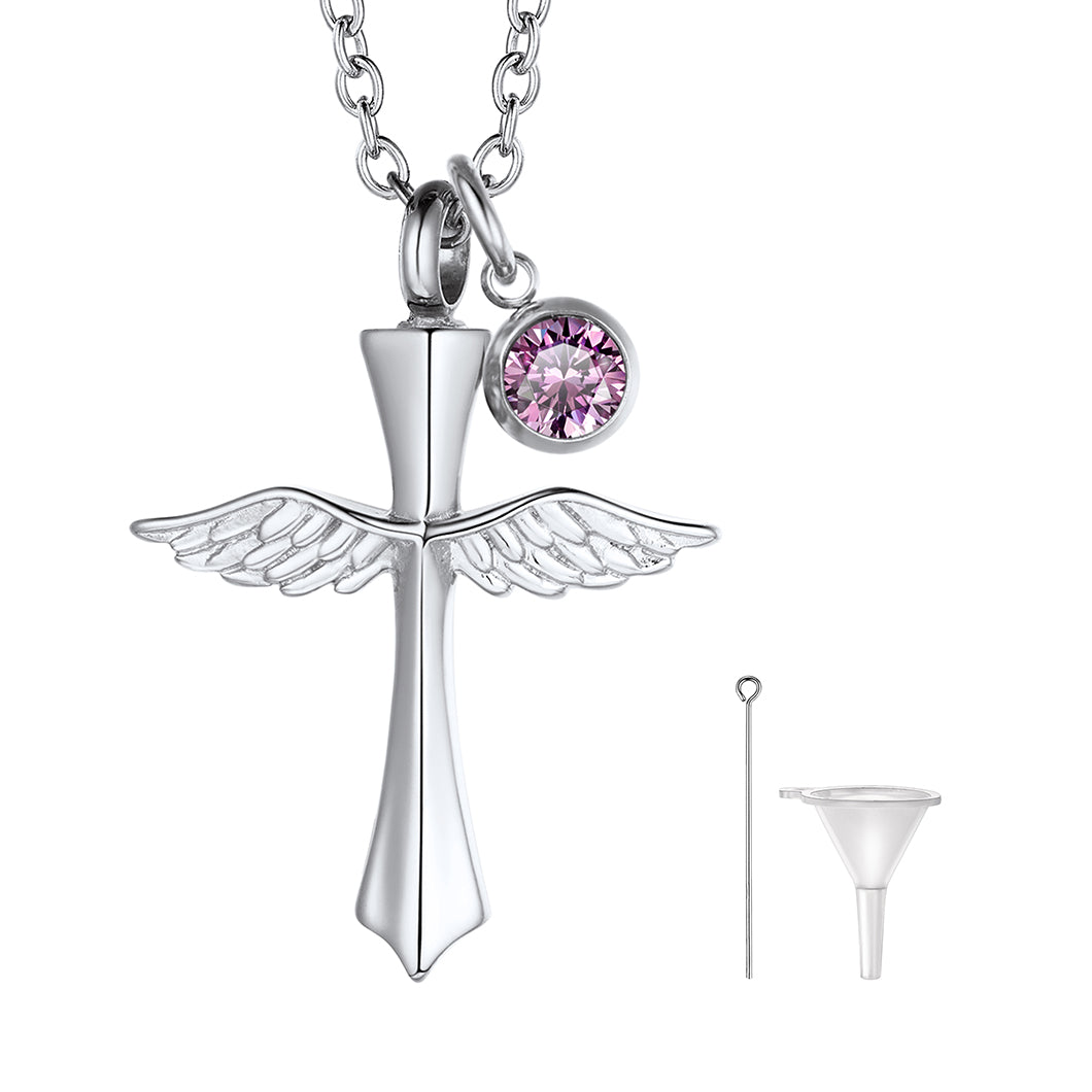 Custom Cremation Cross Wing Urn Ashes Necklace with Birthstone