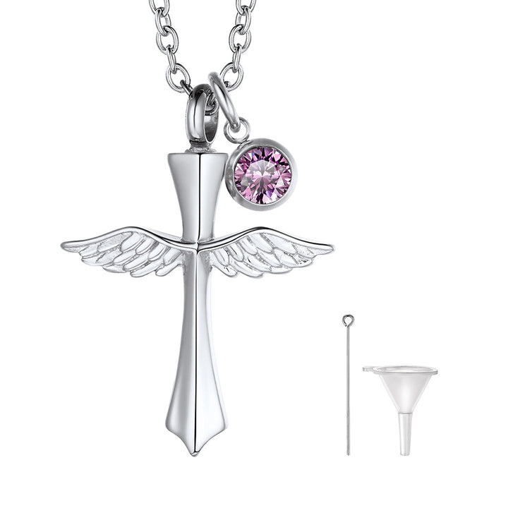 Custom Cremation Cross Wing Urn Ashes Necklace with Birthstone