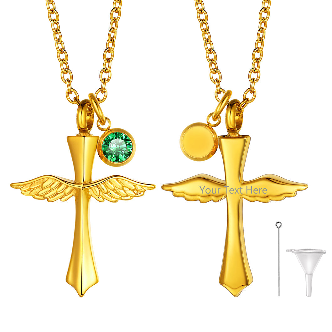 Custom Cremation Cross Wing Urn Ashes Necklace with Birthstone