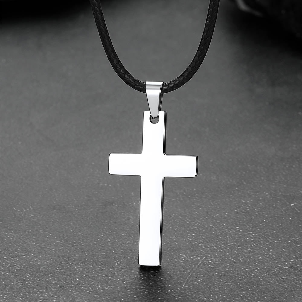 Engravable Cross Leather Necklace Pendant for Men Women