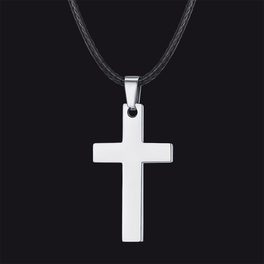 Engravable Cross Leather Necklace Pendant for Men Women