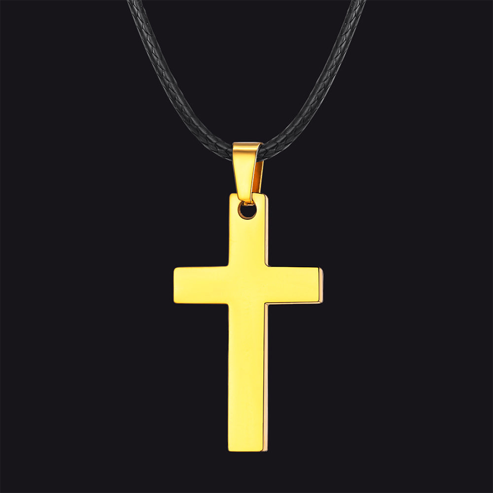 Engravable Cross Leather Necklace Pendant for Men Women