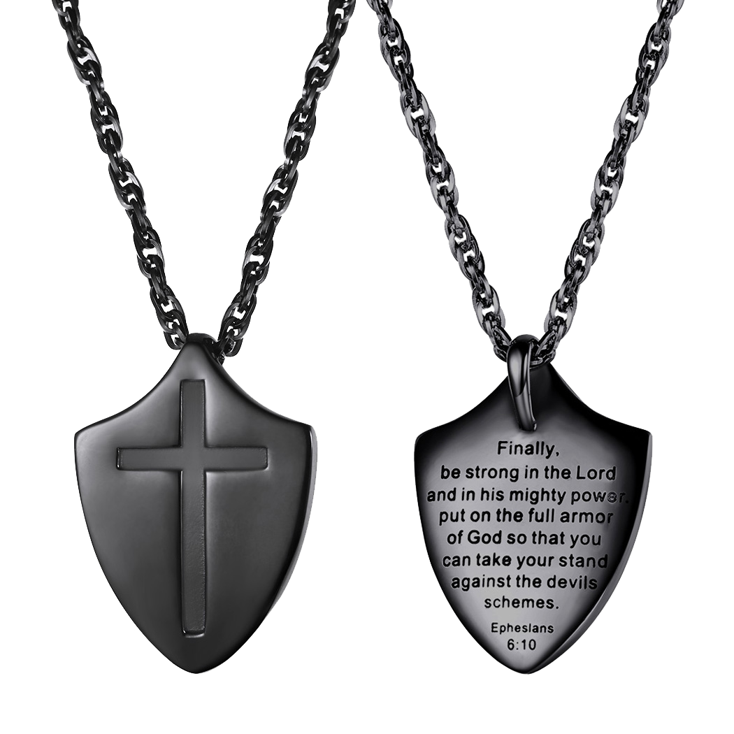 Christian Cross Shield Pendant Necklace with Ephesians 6:10 for Men
