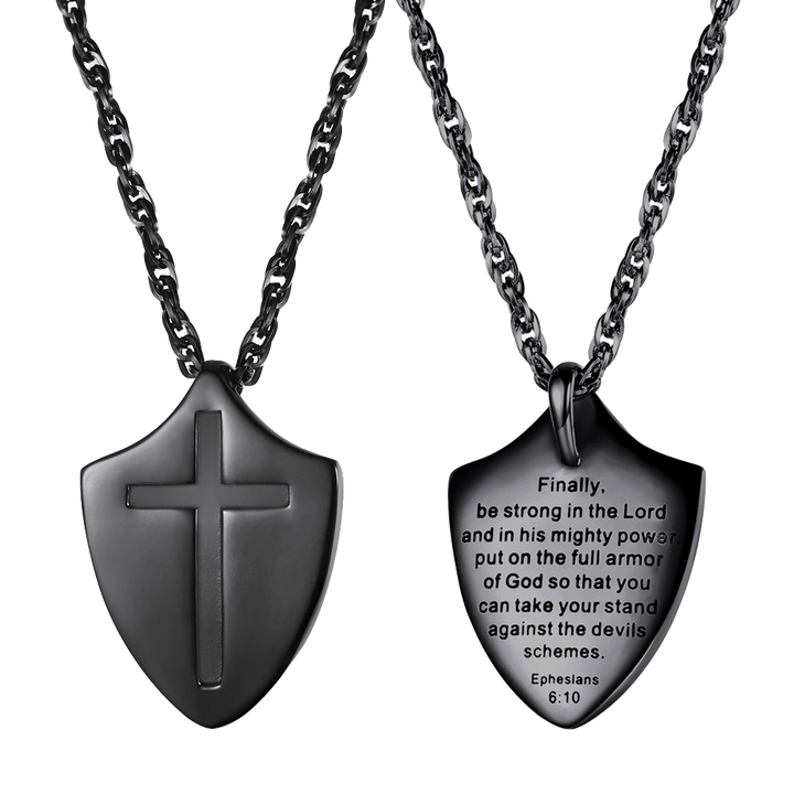 Christian Cross Shield Pendant Necklace with Ephesians 6:10 for Men