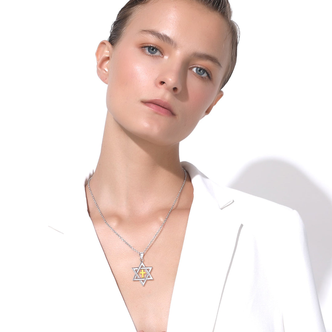 Sterling Silver Cross Star of David Necklace for Men Women