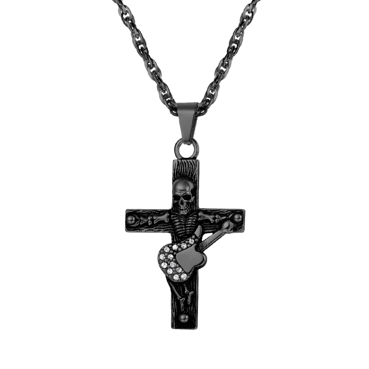 Punk Skull Guitar Cross Necklace for Men