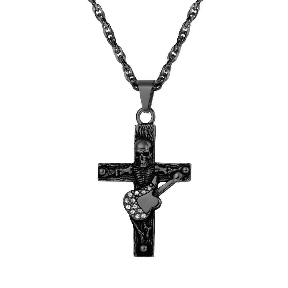 Punk Skull Guitar Cross Necklace for Men