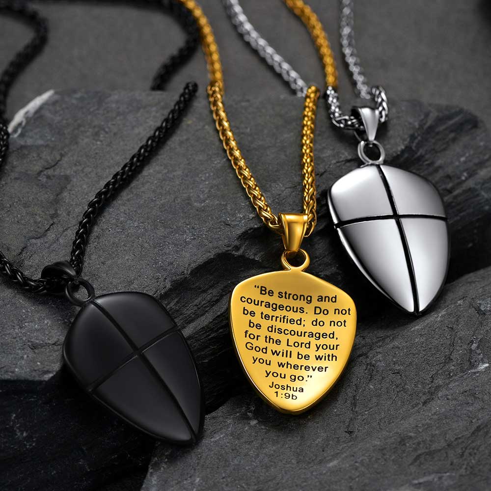 Christian Cross Joshua 1:9 Shield Necklace For Men