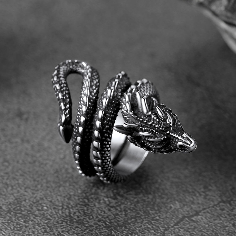 Punk Coiled Dragon Stainless Steel Ring for Men and Women