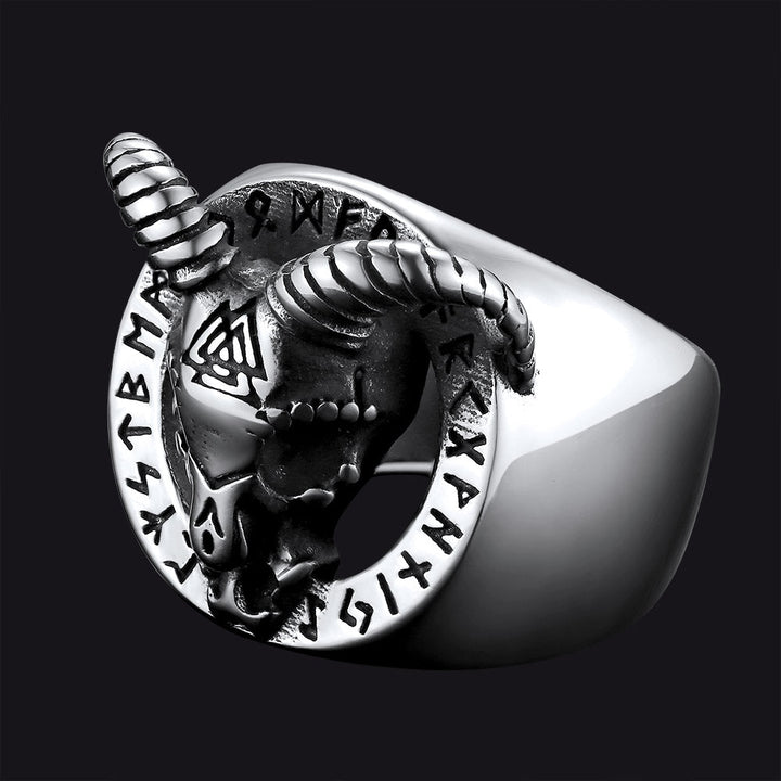 Satanic Goat Skull Ring With Viking Runes For Men