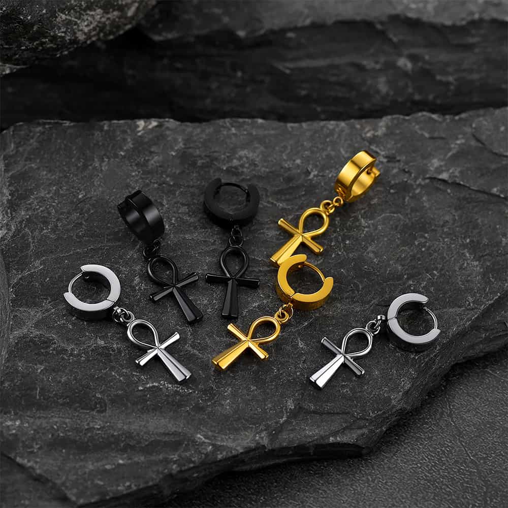 Ankh Cross Dangle Hoop Earrings for Men Women