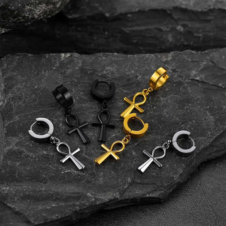 Ankh Cross Dangle Hoop Earrings for Men Women