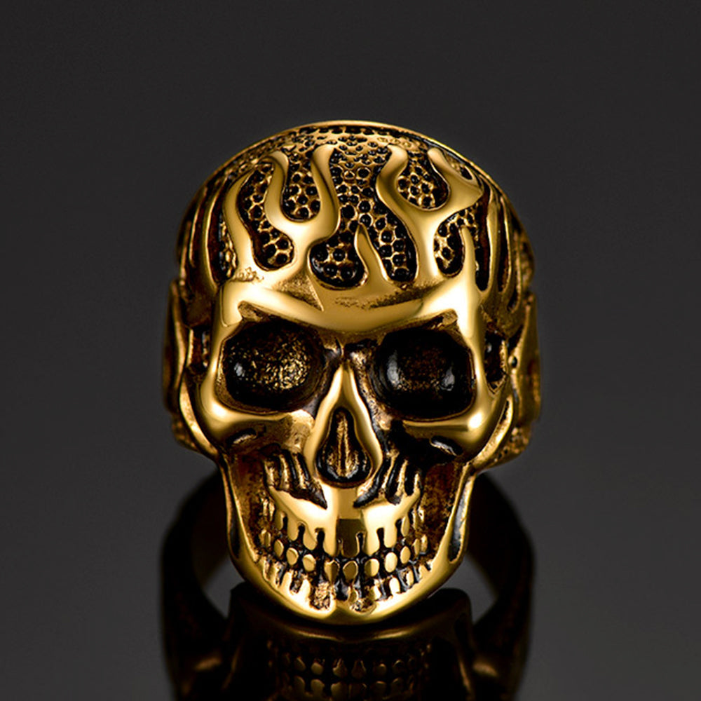 Gothic Fire Flaming Skull Stainless Steel Ring For Men