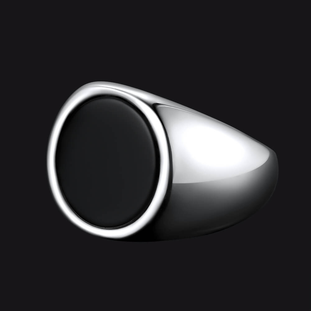 Round Black Onyx Signet Ring for Men Stainless Steel