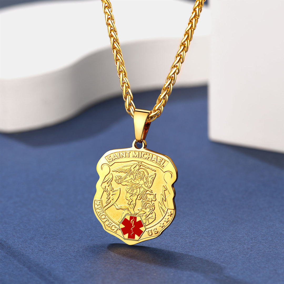 Engraved St. Michael Medical Alert ID Necklace for Men