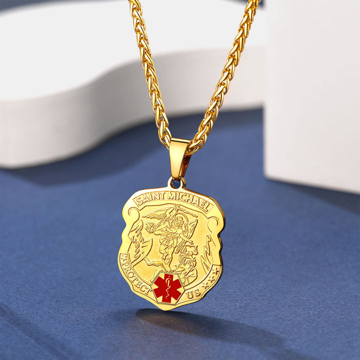 Engraved St. Michael Medical Alert ID Necklace for Men