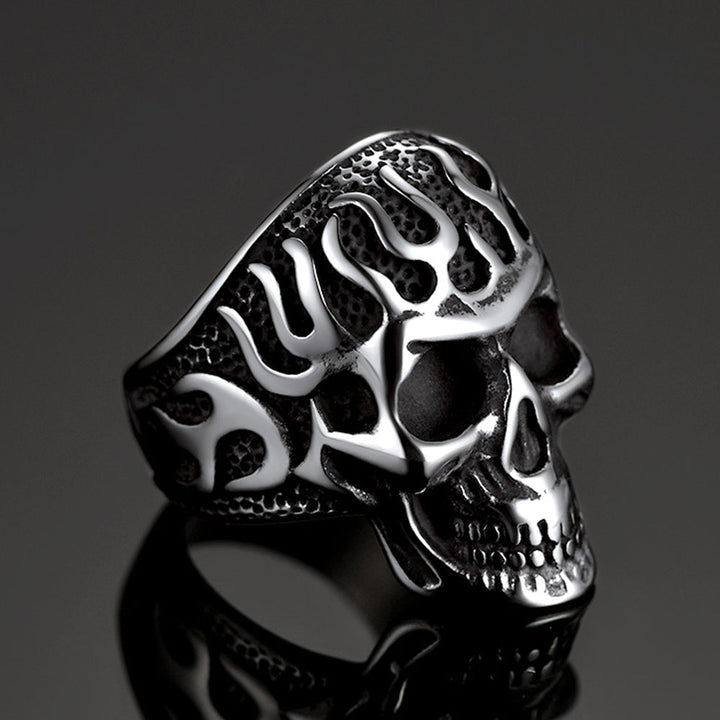 Gothic Fire Flaming Skull Stainless Steel Ring For Men