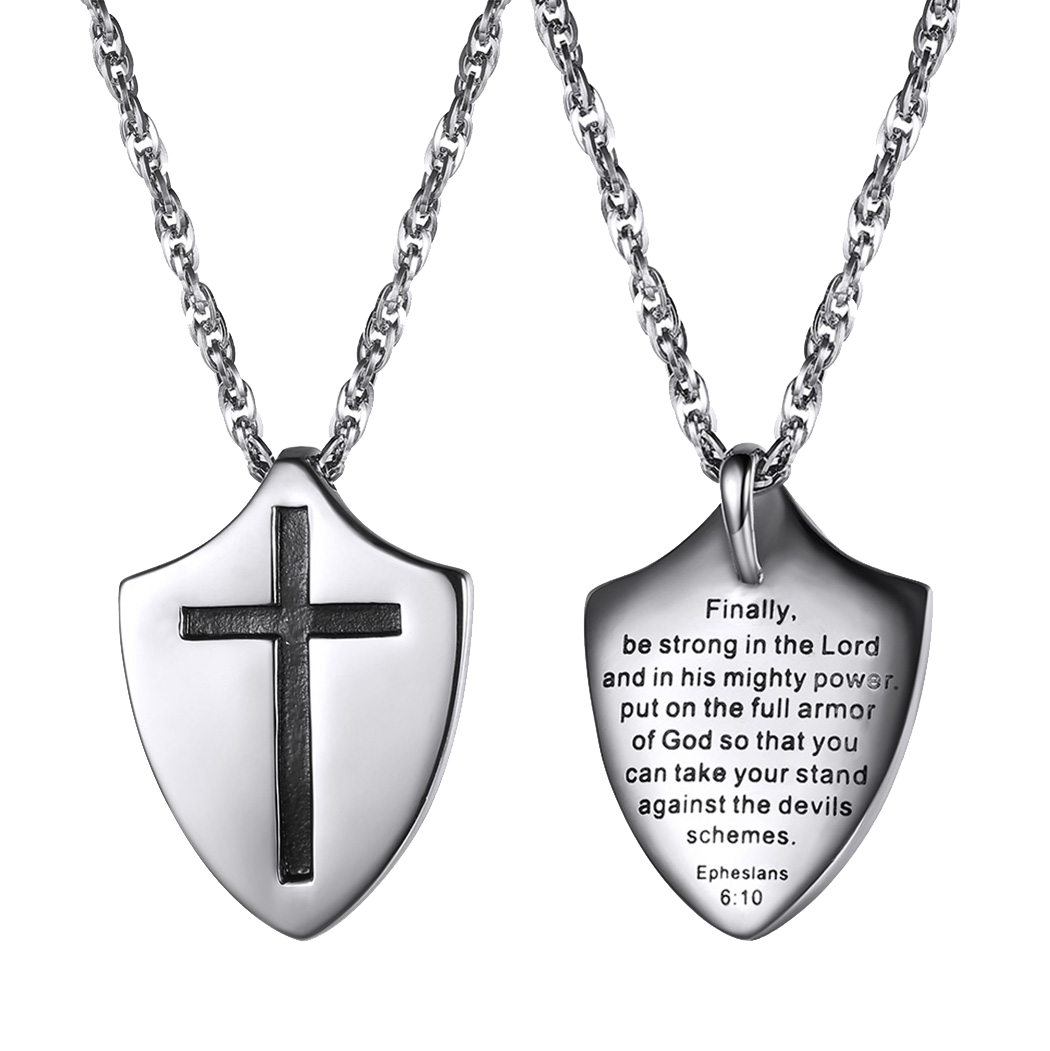 Christian Cross Shield Pendant Necklace with Ephesians 6:10 for Men